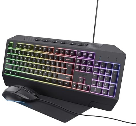 Trust Gaming GXT 791 Kit 3-in-1 Mouse e Tastiera Gaming, Layout Italiano QWERTY, Tastiera Retroilluminata 78% Plastica Riciclata, 200-6400 DPI, Tappetino, Bundle Pacchetto Gamer RGB per PC - Nero