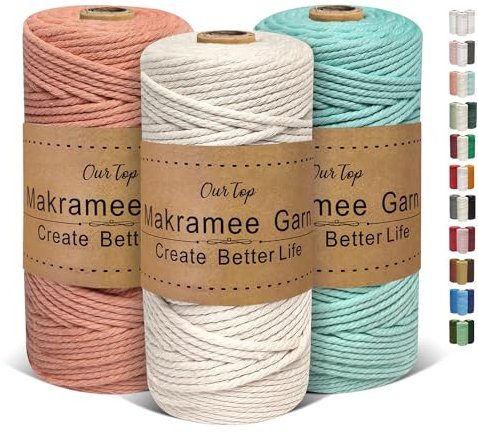 OurTop Hilo Macrame 3mm x 100m, Juego de 3 Cuerda Macrame Cordon Macrame Hilo de Macramé para Manualidades, Colgar de La Pared, Decoración Bohemia(Natural, Azul Claro, Nude Rosado)