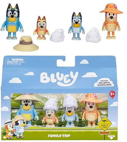 BlueY Confezione da 4 personaggi vacanza con la famiglia; personaggi mobili (6,3 cm), bingo, bandito e peperoncino; con accessori; ricreare i migliori momenti della serie animazione