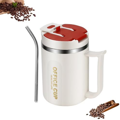 Thermobecher mit Henkel Thermo Kaffeebecher To Go, 500 ml Edelstahl Thermotasse mit Deckel und Strohhalm, Coffee to go Becher, Coffee Mug Thermotasse für Unterwegs Umweltfreundlich (Rot)