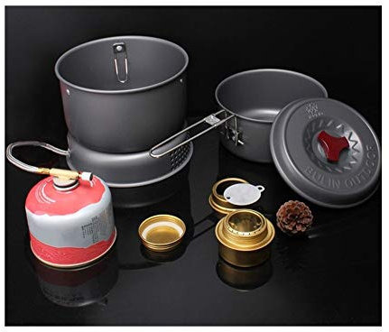 OQHAIR 5 PCS Ensemble de Cuisine de Camping en Plein Air Batterie de Cuisine Portable Ustensile de Cuisine Ensemble de Cuisinière à Gaz Coupe-Vent Pots de Berceau de Chaudière pour 1-2 PE