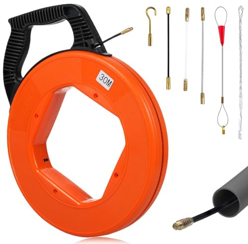 Guia Pasacables 30m, Guía Enhebrador de Alambre Electrico Diámetro 4mm con 6 Adaptadores, Guia Pasacables Profesional con Carcasa y Mango de Plástico, Ayuda de Extracción de Cables para Tirar de Cable