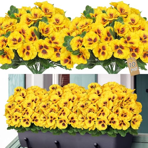 SOMYTING 10 Pcs Artificial Pansies for Outdoor Artificial Silk Flowers UV Resistant Faux Flowers Plastic Plants for Front Porch Garden Window Box Hanging Planter Decoration (Yellow)