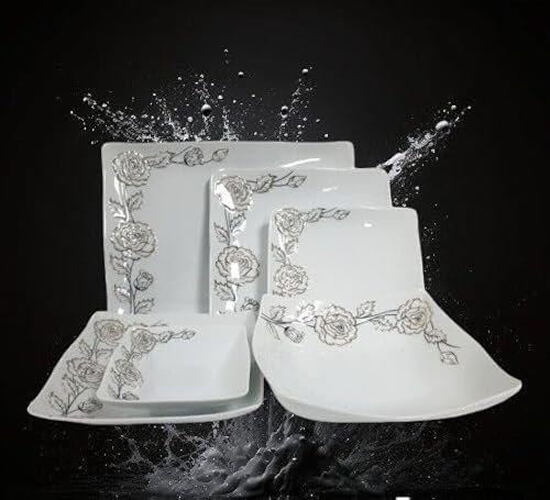 Deluxe 26PC Prestige Embossed Square Dinner Set Porcelain Paris Mold Dinnerware Crockery Plate,Deep Plate,Bowl,Serving Bowl, Service for 6 Person