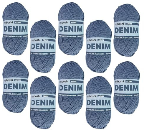 myboshi Denim, veganes Jeansgarn, recycelte Baumwolle zum Häkeln und Stricken, 50% recyceltes Denim, 50% Baumwolle (Bio), 50g, Ll 135m Blau (Azure), 10 Knäuel