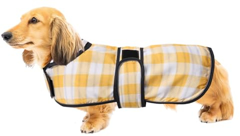 Geyecete Hunde Regenmantel,Einstellbar Wasserdicht Hundejacke für Dackel,Regenmantel mit reflektierenden Trägern,Regenjacken mit Gürtel mit Klettverschluss für Miniaturdackel-Kariert Gelb-XS