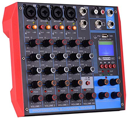 MRKU Mesas de Mezclas de Estudio, mezcladores en Vivo Consola de Mezclas de 6 Canales Mezclador de Audio Digital Compatible con BT