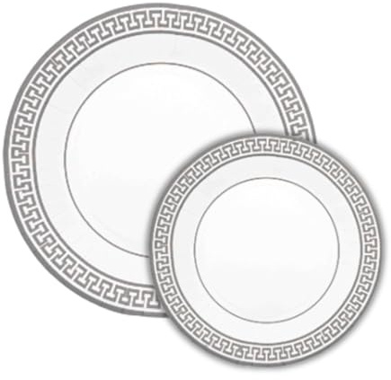 PartyBIO - KIT Silver Greek 112 Pezzi - Stoviglie Biodegradabili Monouso per Feste | Piatti Carta, Bicchieri Carta, Tovaglioli Compostabili per Eventi, per Fino a 16 Ospiti ROTONDO