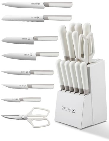 Juego de Cuchillos con Bloque Blanco Juego de 14 Piezas con Afilador Cuchillo de Chef Afilado, Regalo para Mamá