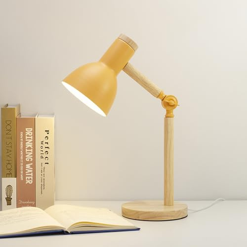 Mkichi Nachttischlampe Holz,Tischlampe Vintage mit Kabel,Schreibtischlampe Kinder, LED Tischlampe Wohnzimmer,Augenschutz Tischleuchte Leselampe,Tischlampe E27 für Schlafzimmer,Büro,Geschenk (Gelb)