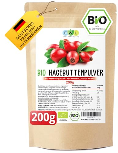 EWL Naturprodukte Polvere di rosa canina BIO 200 g, rosa canina in polvere di qualità alimentare cruda biologica, vegana