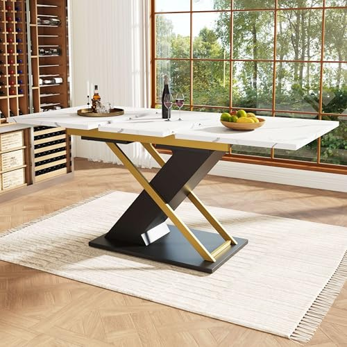 DRIXNO Esstisch Ausziehtisch (120-160×80cm), Küchen-Wohnzimmertisch, Ausziehtisch, mit Hilfe von innenliegender Einlegeplatte auf 120-160cm ausziehbar, Esstisch mit Kreuzbeinen，Weiß/Schwarz/Gold