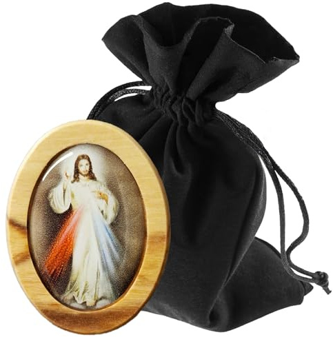Lunexus Barmherziger Jesus Magnet - Olivenholz, Ø 4 cm - Olivenholz | Heiligenbild aus Olivenholz, handgefertigt in Italien - Magnet für Auto & Kühlschrank - inkl. Samtbeutel - geweiht
