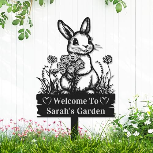 Custom Daisy Flowers Rabbit Garden Sign Bunny Garden Stake Plaque, Personalized Easter Bunny Rabbit Farm Animal Sign with Stake, Customized Metal Cute Rabbit Outdoor Yard Art Lawn Sign