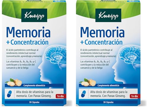 Kneipp Memoria Y Concentracion, Vitaminas para Reducir la Fatiga y el Cansancio, Ideal para situaciones de Estrés o Estudio, Vitaminas B1, B2, B5, B6, B12, C y Ginseng, 30 Cápsulas (Paquete de 2)