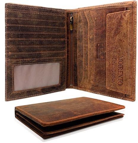 MOIRENTO Leather Passport Holder & RFID Travel Wallet — Genuine Hunter Brown Leather Document Organiser, 7 Card Slots, Banknote & Ticket Pockets, ID Window — Travel Gift for Men & Women