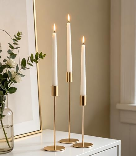 Filltown Gold Candle Holder Set of 3, Candlestick 32/27/22CM, Tall Candle Holder for 3/4 inch Pillar Candle Decorations, Mantels, Weddings, Dinner Parties, Table Centerpieces