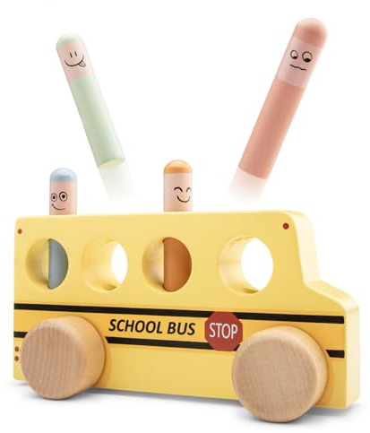 Woet Wooden Pop-Up School Bus – FSC Pretend Play Toy with Spring Figures for Toddlers 24 Months+ – Educational Push Vehicle – Gift for Boys and Girls, Motor Skills Toy
