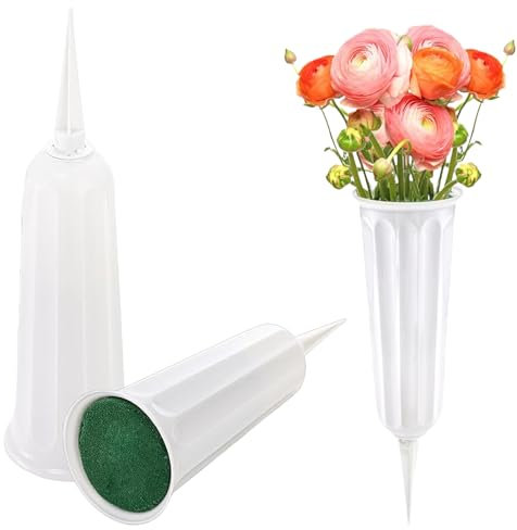 Nurila Pack of 2 Grave Vases with Floral Foam, Grave Vase with Ground Spike, 25 x 7.4 cm, Grave Vases, Weather-Resistant Grave Decoration, Vase Cemetery Graves, Yards, Garden Decorations (White)