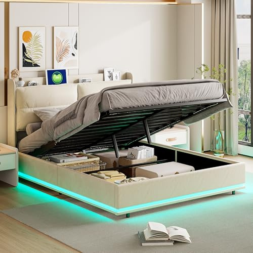 JiaOyu Doppelbett 140x200 cm mit Stauraum, USB-Ladefunktion und gepolsterter Rückenlehne, Modernes Polsterbett Stauraumbett mit LED-Beleuchtung, Beige Schlafzimmerbett, ohne Matratze (F, 140X200CM)