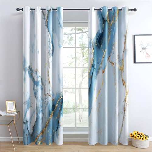 Luxfieo Marmor Vorhänge Blau Weiß Gold Modern Vorhang Blickdicht Gardinen 200cm Lang Verdunklungsvorhänge mit Ösen Thermovorhang für Wohnzimmer Schlafzimmer Kinderzimmer Fenster Deko 2er Set Q#147