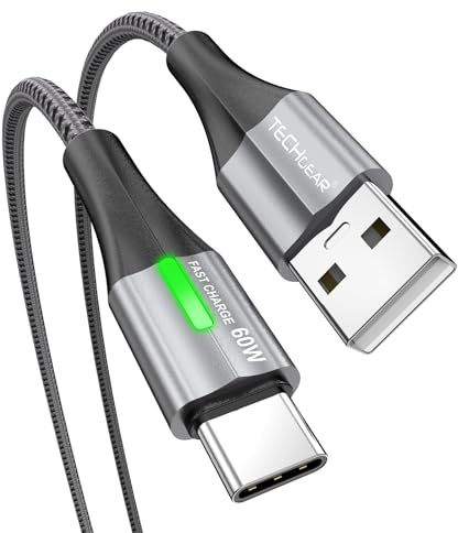 TECHGEAR Cavo di ricarica USB C da 60 W, 1 m, 3 A, tipo C, ricarica rapida da USB A a USB-C, indicatore di luce LED, cavo di ricarica per iPad 2024, iPhone 16/15 Pro, S25 S24 Ultra, Pixel 9, PS5