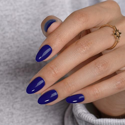 KQueenest Soft Gel Press on Nails Kurz – Sheer Marineblau Nägel zum Aufkleben Kurz Runde, Einfarbig Fake Nails, Glänzend Tiefes Blau Mandel Künstliche Nägel Set für Frauen, 24 Stück