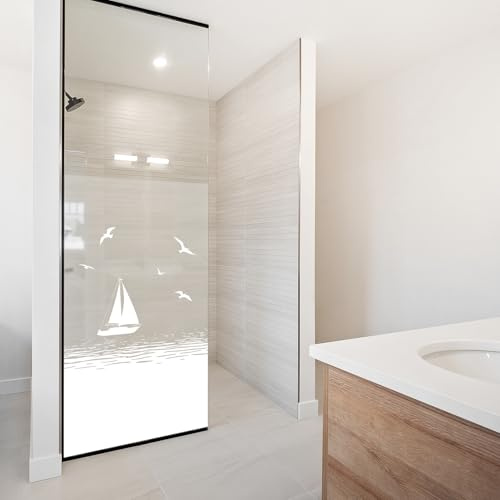 yabaduu Sichtschutzfolie für Duschkabine Duschglastüre Fensterfolie Blickdicht Milchglasfolie wasserfest Deko Klebefolie Badezimmer Dusche selbstklebend YX001 (12 Segelboot Weiß, 80 x 120cm)