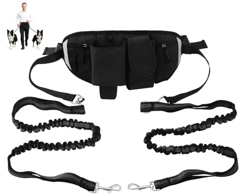 Hands-Free Dog Lead for Medium and Large Breeds Bungee Leash Adjustable Waist Belt with Zipper Pouch Reflective Stitches for Running Walking Jogging Hiking (For 2 Dogs)
