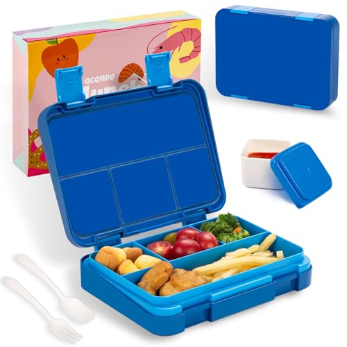 QCQHDU Bento Lunch Box for Kids with 4 Compartments，1300ml with a Set of Fork and Spoon Packed Lunch Box Adults and 1 Salad Dressing Containers，Boys Girls and Adults Work School