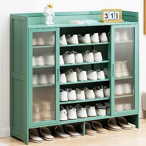 Zapatero moderno de bambú de 5 niveles con puertas correderas, elegante entrada para pasillo, sala de estar y baño (117 x 32 x 106 cm, verde)