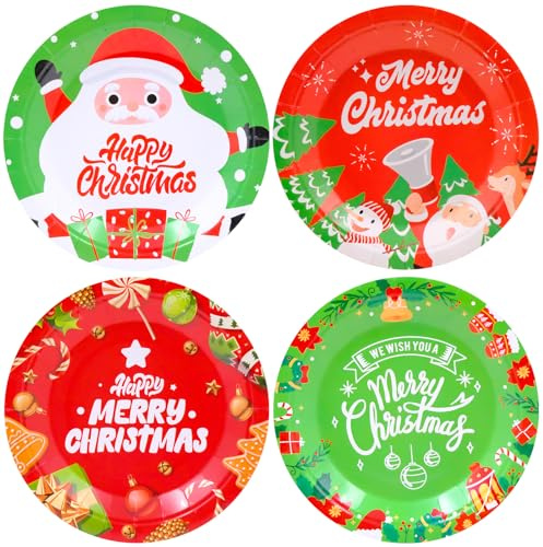 TULEBOLIAN 40 Stück Pappteller Weihnachten,Weihnachtsteller,7 Inch Partygeschirr Set,Weihnachts-Party-Zubehör,mit Santa Schneemann Elch,für Tischdeko Weihnachten