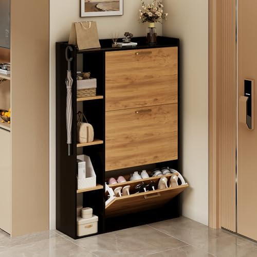 Ztexkee Schuhschrank mit 3 Klappen Schuhkipper Schmal Schuhschrank mit 3 Flip-Schuhregal und 4 Ablagefächer platzsparender Schuhregal für 18-24 Paar Schuhe für Eingang Flur, 80x24x122cm Schwarz Orange