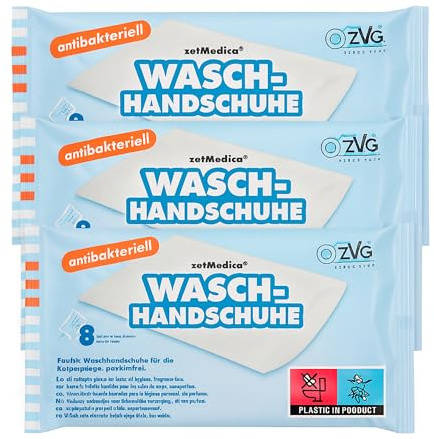 zetMedica ZVG Feuchte Waschhandschuhe, antibakteriell, parfümfrei, pH-neutral, einzeln verpackt, gebrauchsfertig, 3er Pack | 3er Pack Einweg Reinigungshandschuhe für die Pflege, Mikrowellenfest, pH-neutral und Sanft zu Empfindlicher Haut ohne Spülen