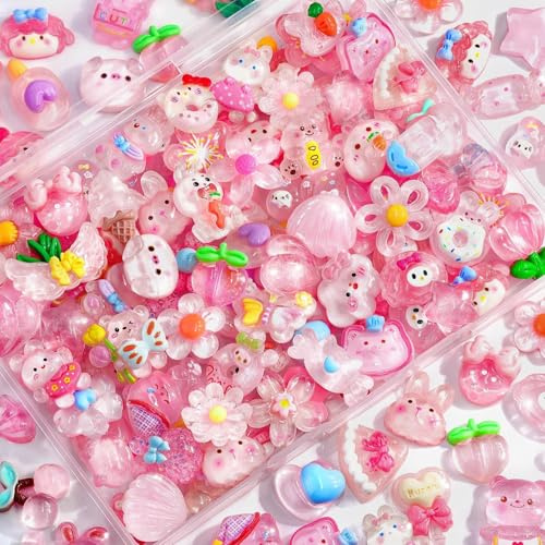 VIDSTW 100 Piezas Adornos de Resina Translúcido Unidades Adornos de Slime Multicolor 4 x 3 cm Accesorios Kawaii Diseño Dibujos Animados para Fundas Teléfono Horquillas Decoración Uñas (Rosa)