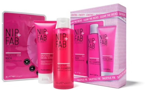 Nip + Fab Clear The Decks Kit – 3-Step Salicylic Acid Skincare Set for Blemish-Prone Skin – Includes Gel Cleanser, Facial Scrub & Sheet Mask – With Allantoin & Hyaluronic Acid