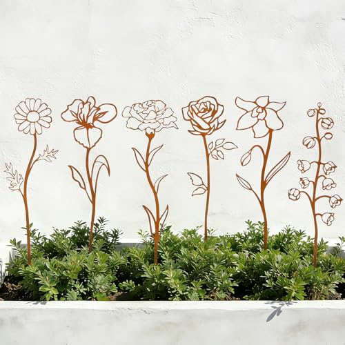 JULEASEL Rusty Metal Flowers for Outside, 6 PCS Decorative Garden Stakes, Metal Yard Art Outdoor Flower Bed Decor, Garden Stakes Decorative for Lawn, Pots, Walkway