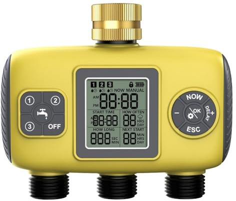Homeponnew Minuteur d'eau automatique à 3 sorties pour contrôle de l'irrigation du jardin, dispositif d'arrosage extérieur programmable avec 3 prises indépendantes, jaune