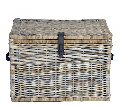 The Basket Lady Handwoven Deep Wicker Storage Trunk, Natural Rattan Wicker Chest with Lid and Handles for Blankets, and Home Organization-Serene Grey, Large, 24 L x 17 W x 17.5 H