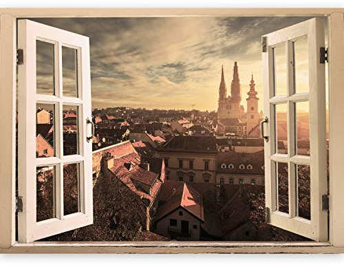 murando – 3D ILLUSION D'OPTIQUE – 210x150 cm Papier peint intissé – Tableaux muraux – Déco – Vue depuis la fenetre – Ville