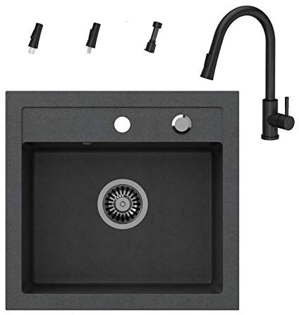 VBChome Spülbecken + Armatur 50 x 47 cm Schwarz Spüle Einzelbecken Küche Einbauspüle Verbundspüle Küchenspüle gesprenkelt + Siphon Waschbecken