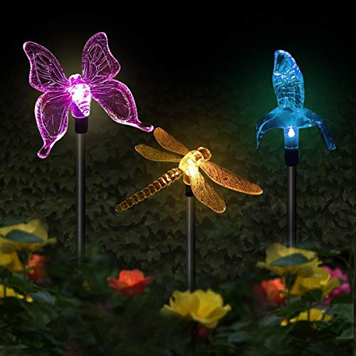 CDIYTOOL Solar Garden Lights Outdoor, 3 Pack Butterfly Hummingbird Dragonfly LED Solar Powered Stake Light Multi-Color Changing Solar Fairy Garden Lights Decor for Party Lawn Yard Path Walkway