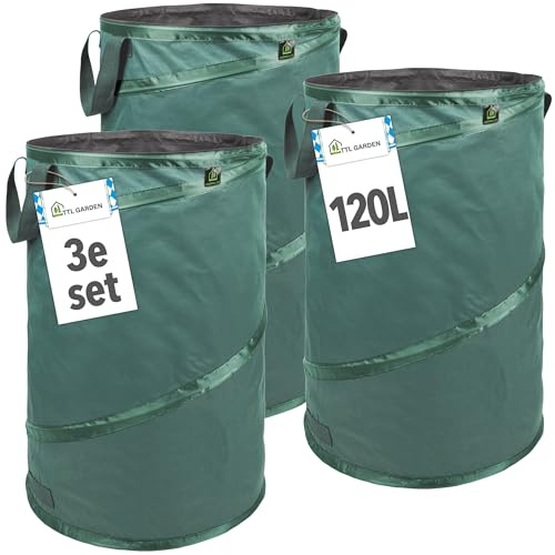 TTL GARDEN 3x Pop Up Gartensack Premium 120L - 220gsm 600D Oxford Gewebe | - 3er Set 120 Liter – Gartenabfallsack Laubsack Sack für Gartenschnitt faltbar extra robust & wasserfest selbstaufstellend