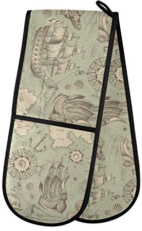 Moyyo Oven Glove Retro Nautical Pattern Double Oven Glove Heat Resistant Kitchen Oven Mitt with Soft Quilted Cotton Lining Filling Pot Holders for Basking Cooking Pizza Microwave