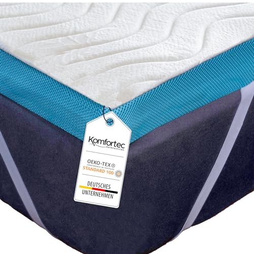 Komfortec Topper 160 x 200 cm – 5 cm di altezza, in memory foam visco con 4 elastici angolari per letti a molle, rivestimento lavabile in aloe vera, colore bianco
