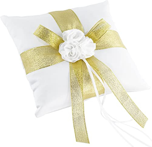 EinsSein Ringkissen Hochzeit Golden Flower 20x20 cm Ivory – Edles Traukissen aus Satin im Vintage Stil | Elegantes Ringkissen für Eheringe, Trauringe & Standesamt Trauung Kirche