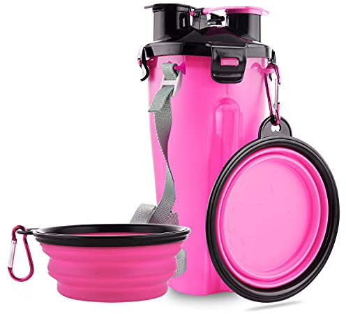 MOACC Botella de Agua para Perro Portátil, Envase de Agua 2 en 1 para Comida y Bebida para Mascotas con 2 Cuencos Plegables, Rosa