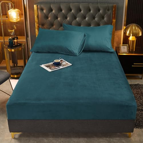 Sábana bajera ajustable de invierno de 160 x 200 cm, color petróleo, de felpa, franela, bíber, para cama box spring, 160 x 200 cm, para cama de matrimonio, con estampado liso, tipo cachemira, para