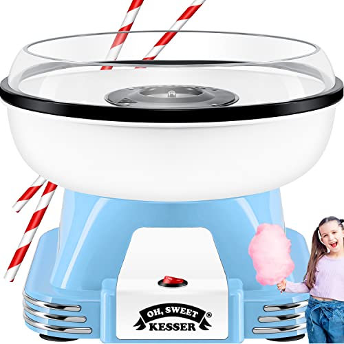 KESSER® Set di macchine per zucchero filato per la tua casa, con 30 bastoncini di zucchero filato e cucchiai dosatori – Macchina retrò Cotton Candy, con accessori – Altezza 22 cm – 500 W blu bianco