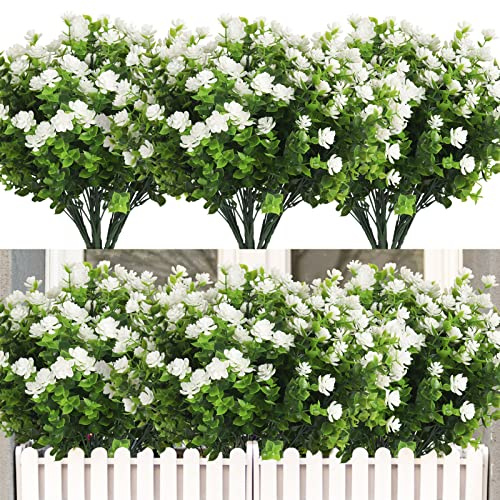 RECUTMS 12 Bundle Artificial Outdoor Plants Artificial Greenery Fake Flower | Faux Flower Arrangements Shrubs UV Resistant Faux Plastic Plants Spring Decorations for Home Front Porch Decor (White)
